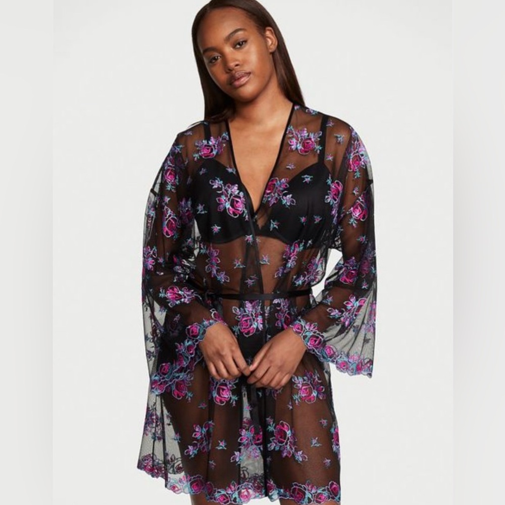 NWT VICTORIA'S SECRET Black Floral Embroidery Sheer Robe XS/S, M/L
